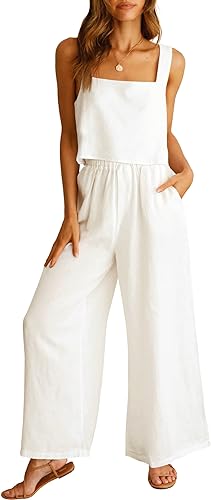 Women’s 2 Piece Outfits Square Neck Linen Tank Crop Top Wide Leg Pants Matching Lounge Set Tracksuit