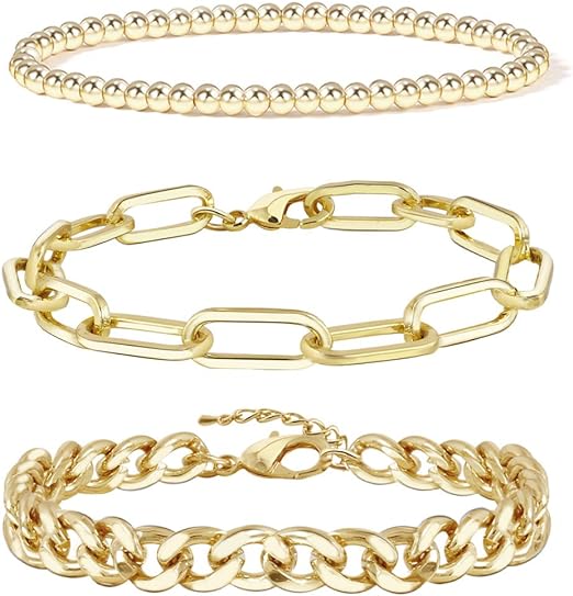 Gold Bracelet Sets for Women Girls 14K Real Gold Chain Dainty Link Paperclip Bracelets Stake Adjustable Layered Metal Link Bracelet Set Fashion Jewelry