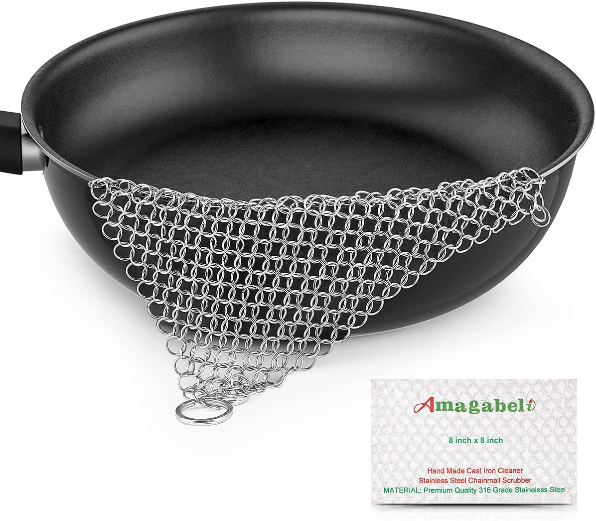GARDEN & HOME 8” x 8” 316 Stainless Steel Cast Iron Cleaner Chainmail Scrubber for Cast Iron Pan Skillet Cleaner for Dishes Glass Pre-Seasoned Cast Iron Pot Seasoning Protection BG262